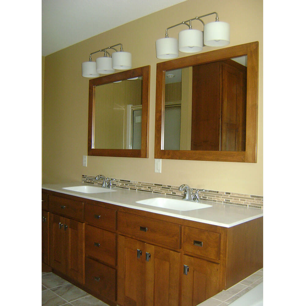 White granite counter top with two bathroom sinks