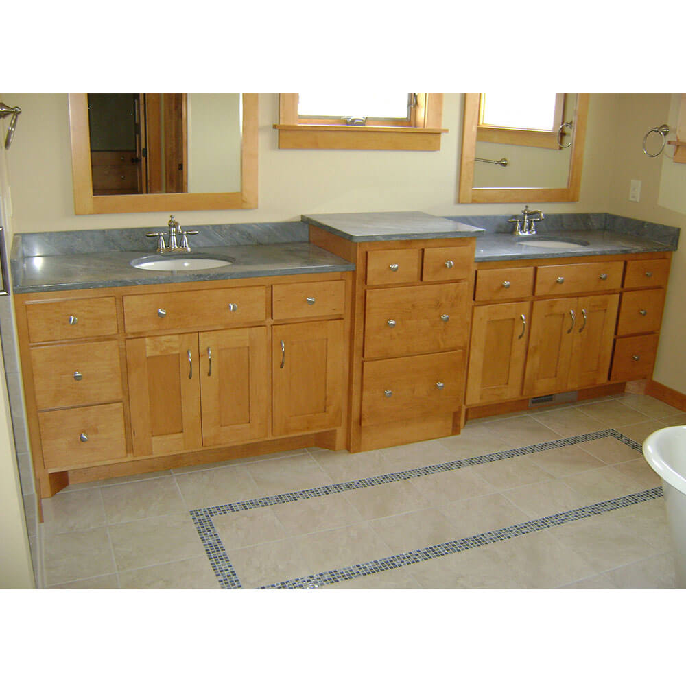 Bathroom with two sinks and a gray countertop