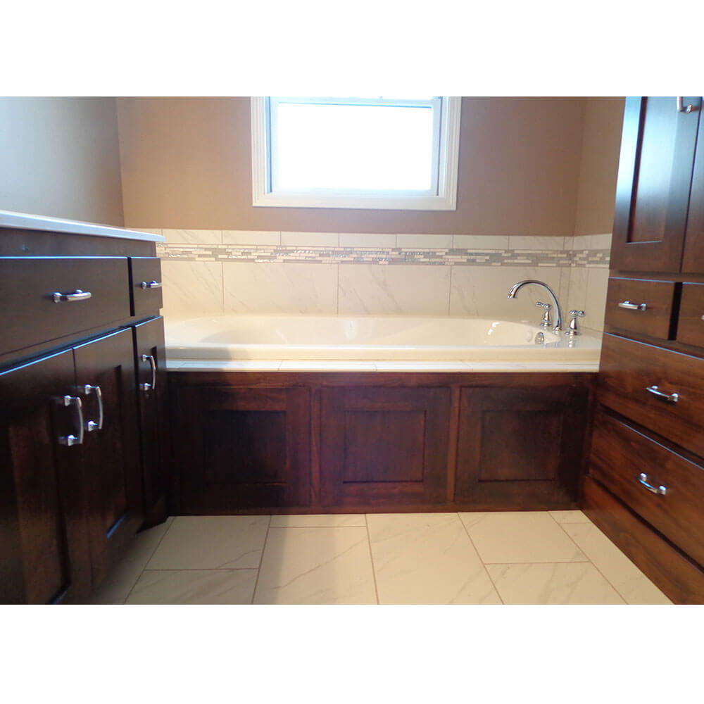 White granite bathtub with brown wood