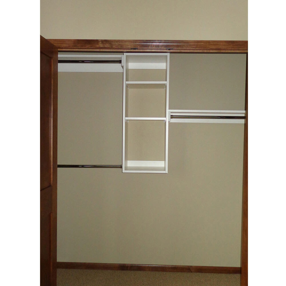 A white wooden organizer in a closet