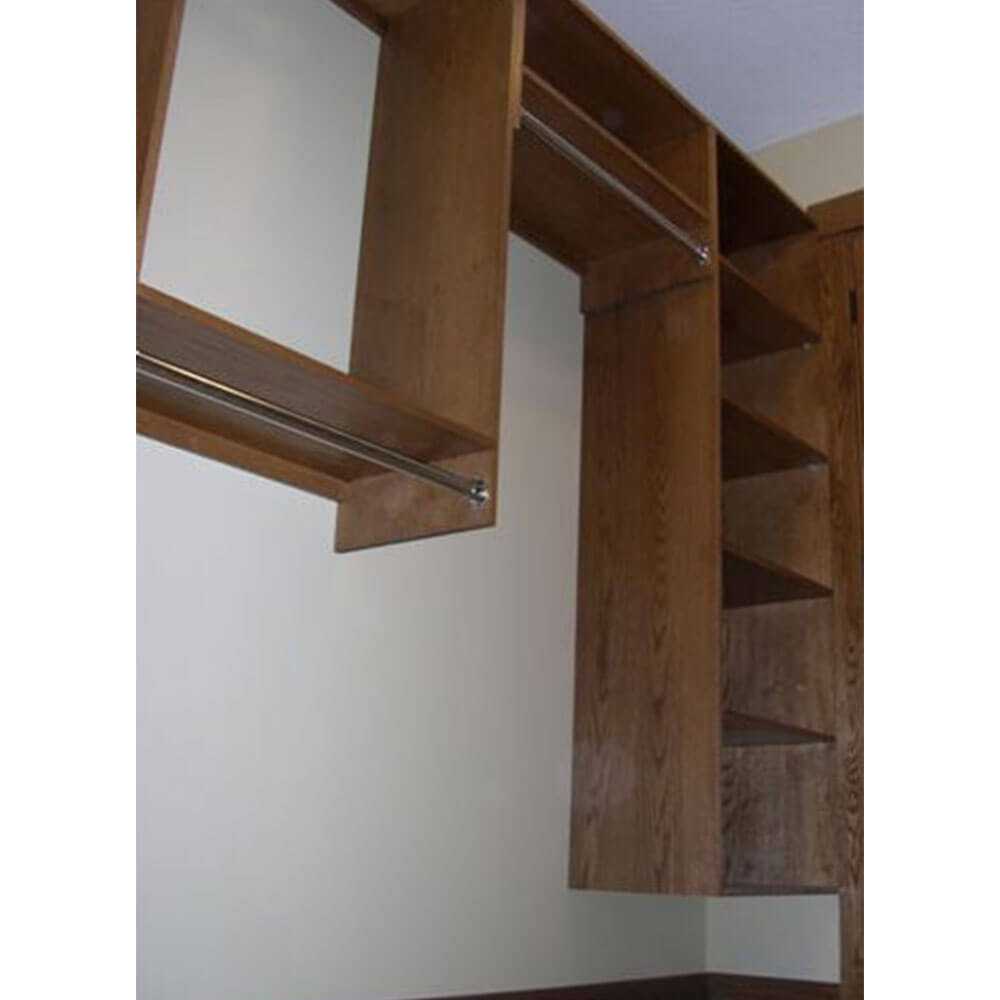 Dark, wooden closet organizer suspended on the wall